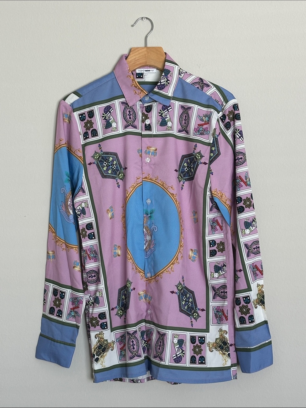 Fashion Nova Pink and Blue Ornate Button-Down Shirt
